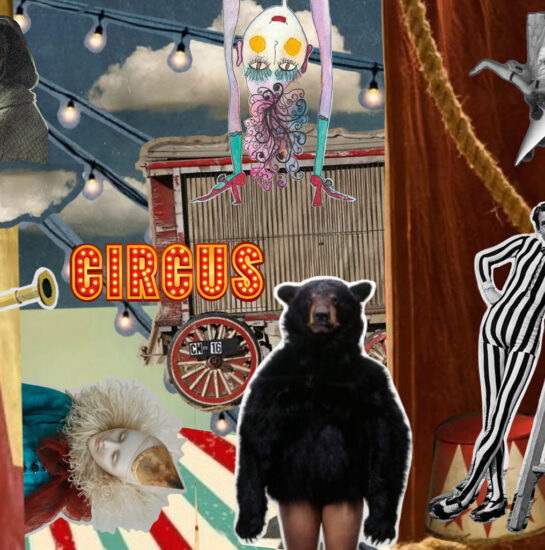 Une image patchwork avec un chapiteau de cirque, un ours, un clown